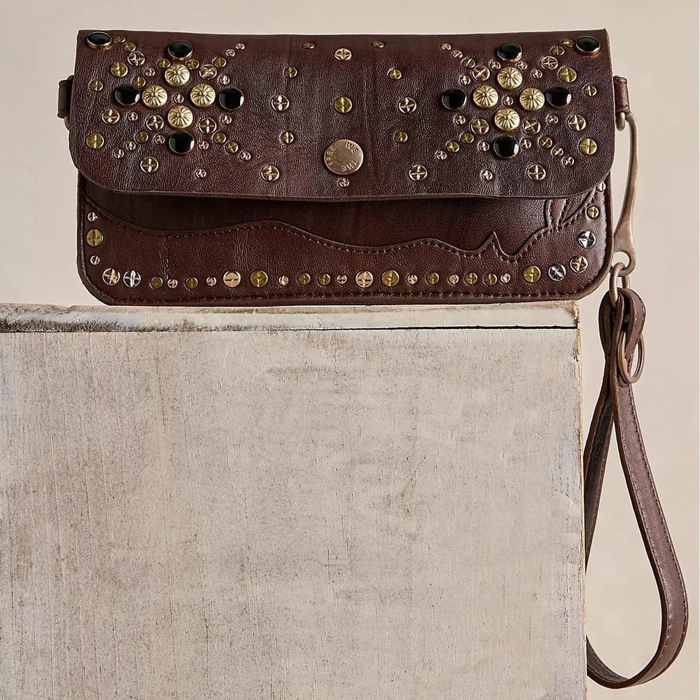 Free People We The Free Leather Studded Crossbody Wallet Clutch Brown